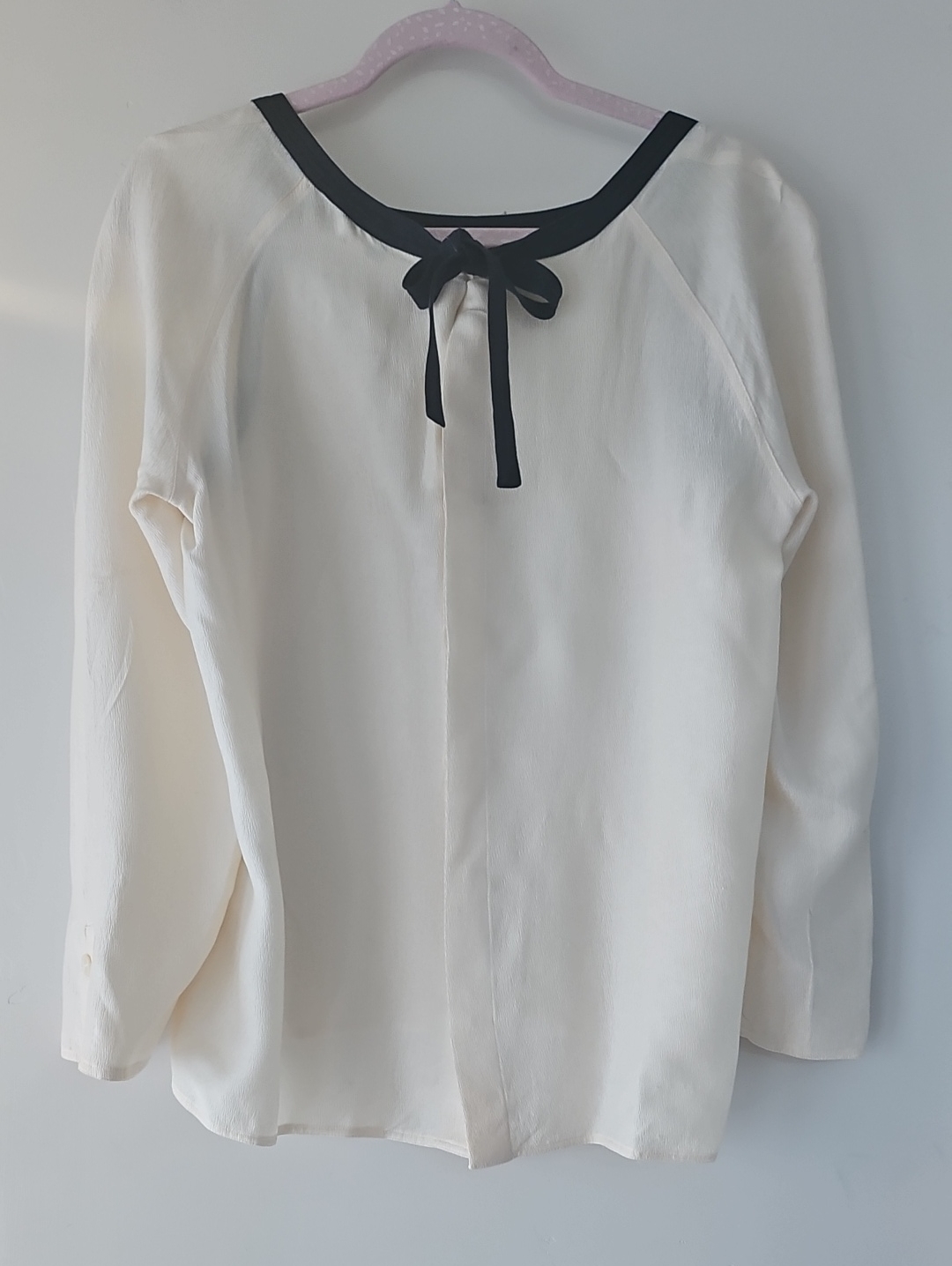 Valentino Silk Crepe Ivory And And Navy Trim Bow Back Bell Long Sleeve Blouse